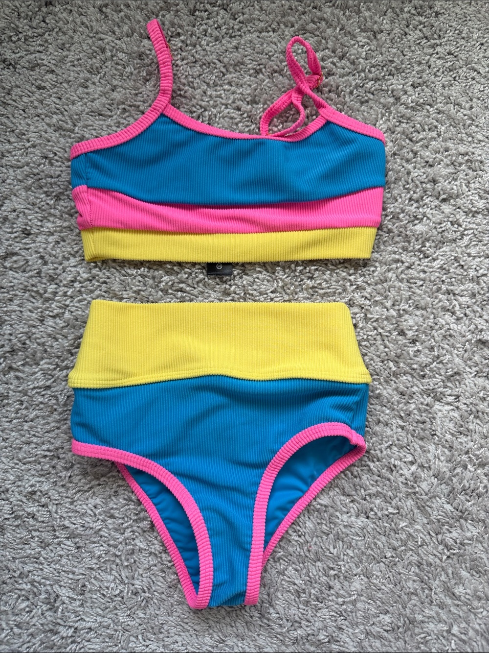Beach Riot Teal Bikini Top with Yellow Ribbed Trim